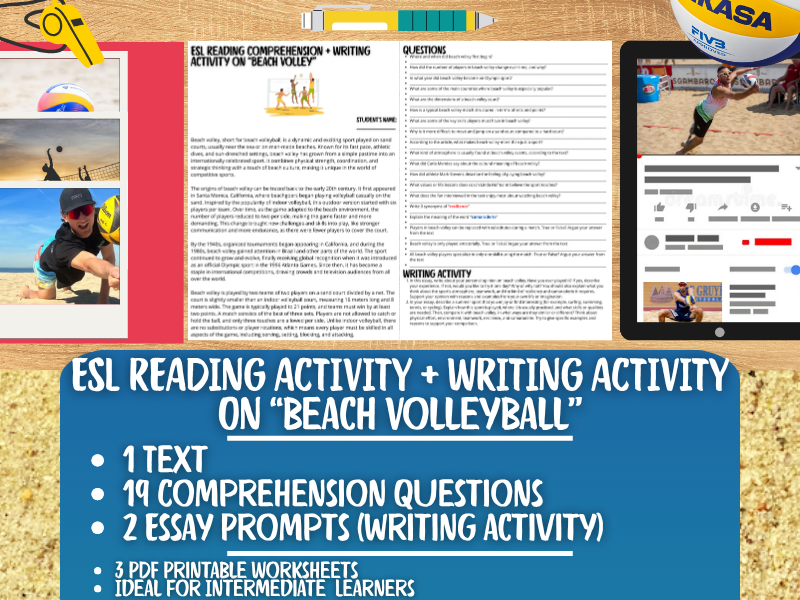 ESL Reading Comprehension + Writing Activity Worksheets - Beach Volleyball