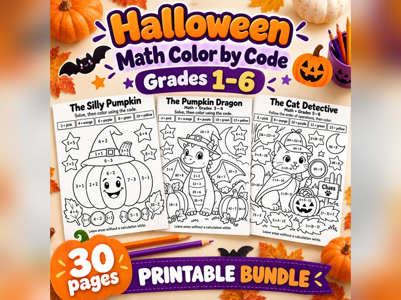 Halloween Math Color by Number Bundle Grades 1-6