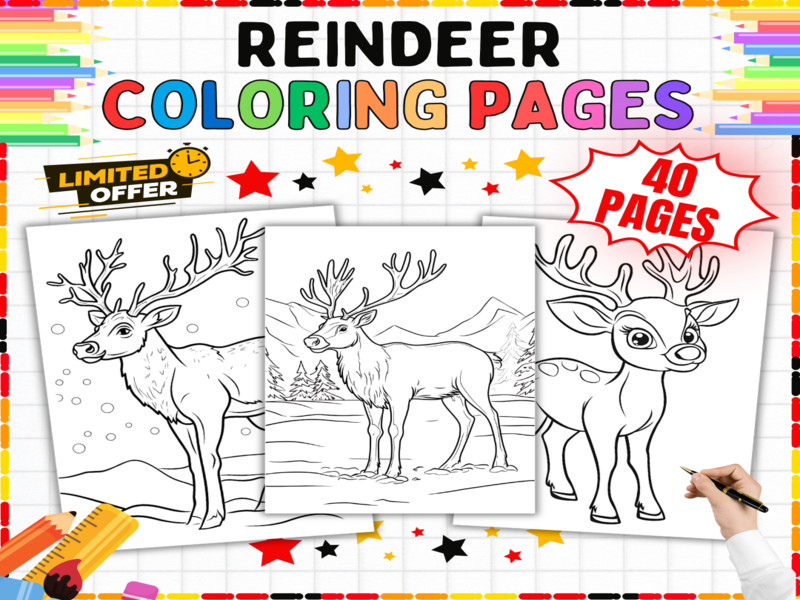 Reindeer Coloring Pages | Arctic Animals Printables for Kids | Woodland Wildlife Art Worksheets