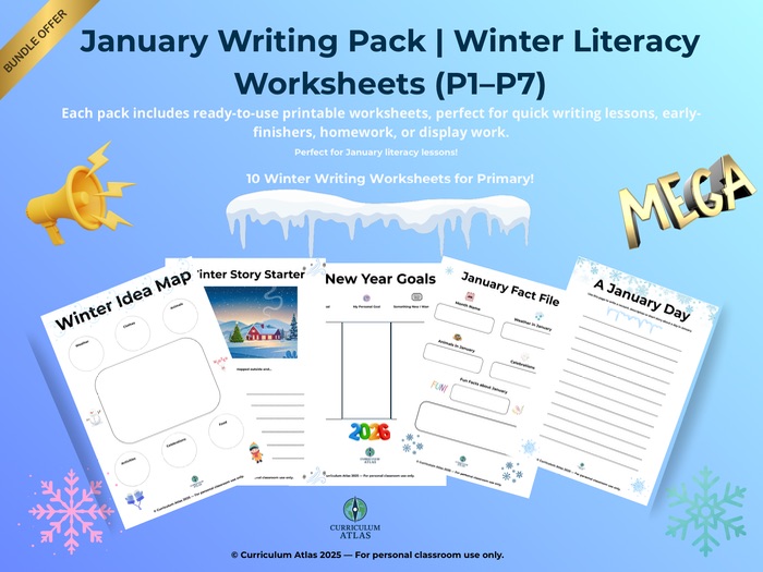 January Writing Pack | 10 Printable Winter Worksheets (P1–P7)