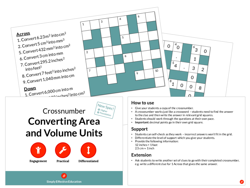 Converting Area And Volume Units Crossnumber Teaching Resources