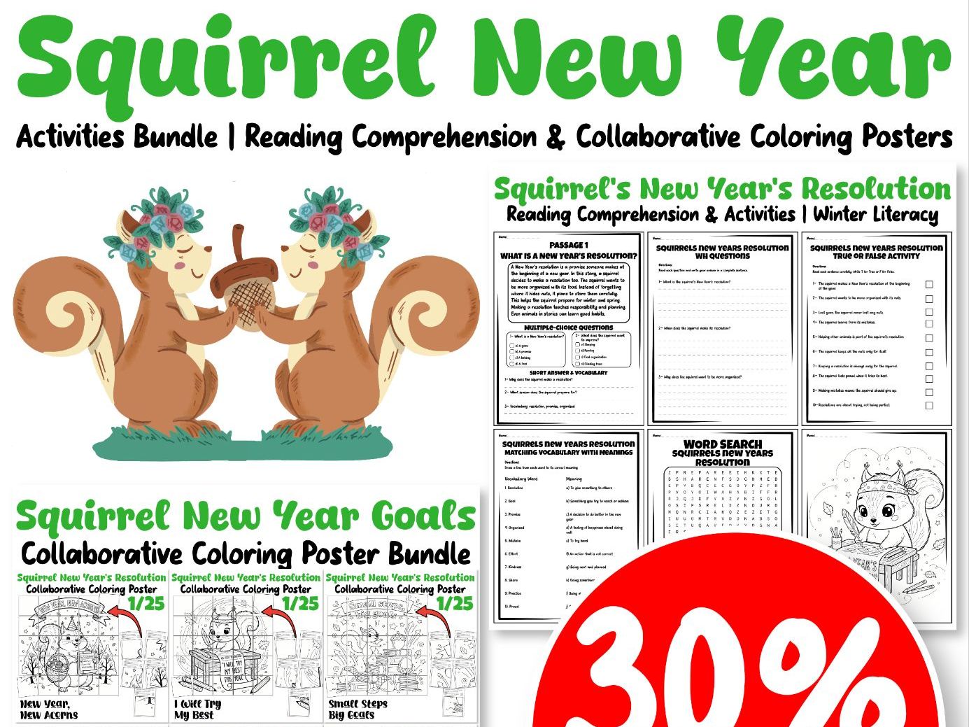 Squirrel New Year Activities Bundle | Reading Comprehension & Collaborative Coloring Posters