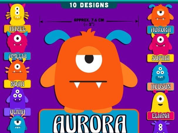 Cute Monster Student Name Tags, Colorful Classroom Decor, Editable PowerPoint Template, 10 Designs