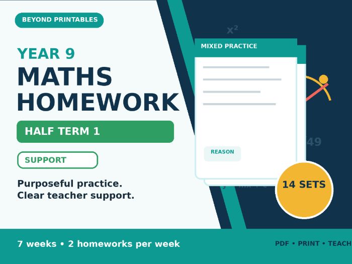 Year 9 Maths Homework Half Term 1 - Support | 14 Sets, Answers and Overview