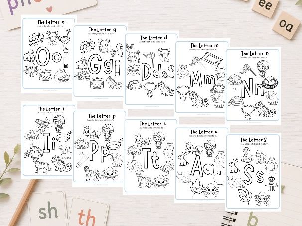 Initial Sound Colouring Sheets – Phase 2 Phonics (s, a, t, p, i, n,m,d,g,o)
