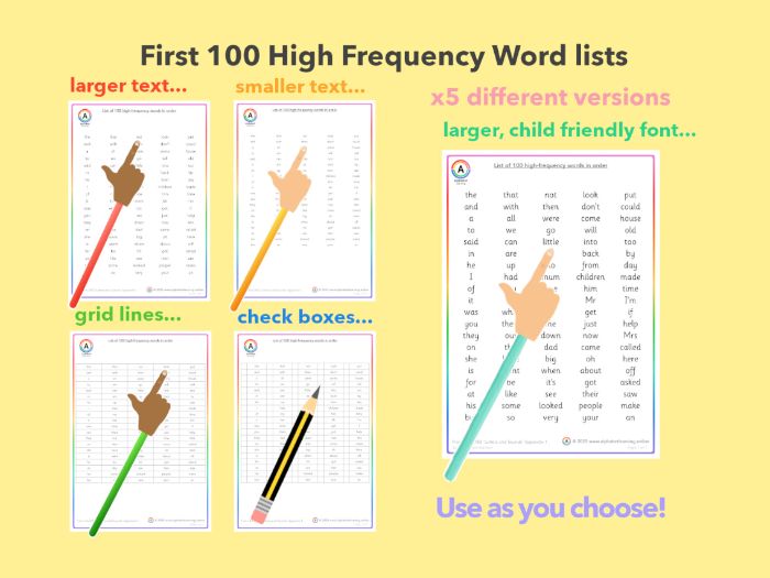 High Frequency Word Lists (First 100) x5 versions