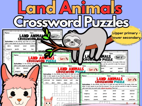 Land Animals Colour / B&W Differentiated Crossword Printables with Word Bank
