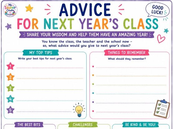 Advice for Next Year’s Class | KS2 End of Year Reflection & Transition Activity