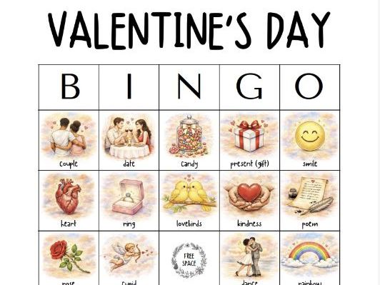 Valentine's Day Bingo Game • 36 Words • 50 Illustrated Cards (English)