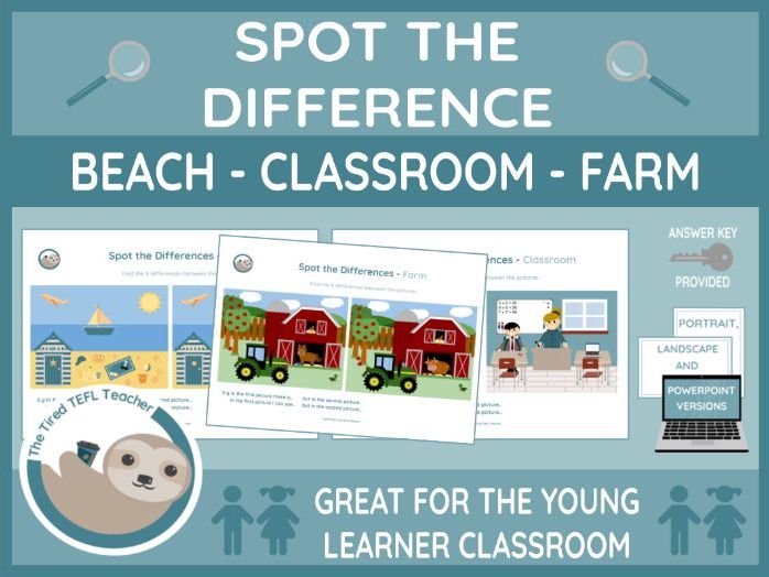 ESL Spot the Difference (Beach, Classroom, Farm) Activity (Includes PPT Version)