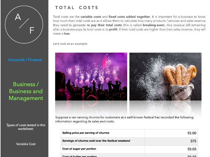 Types of Costs WORKSHEET (Fixed, Variable, Total, Average, Marginal, Direct, Indirect)