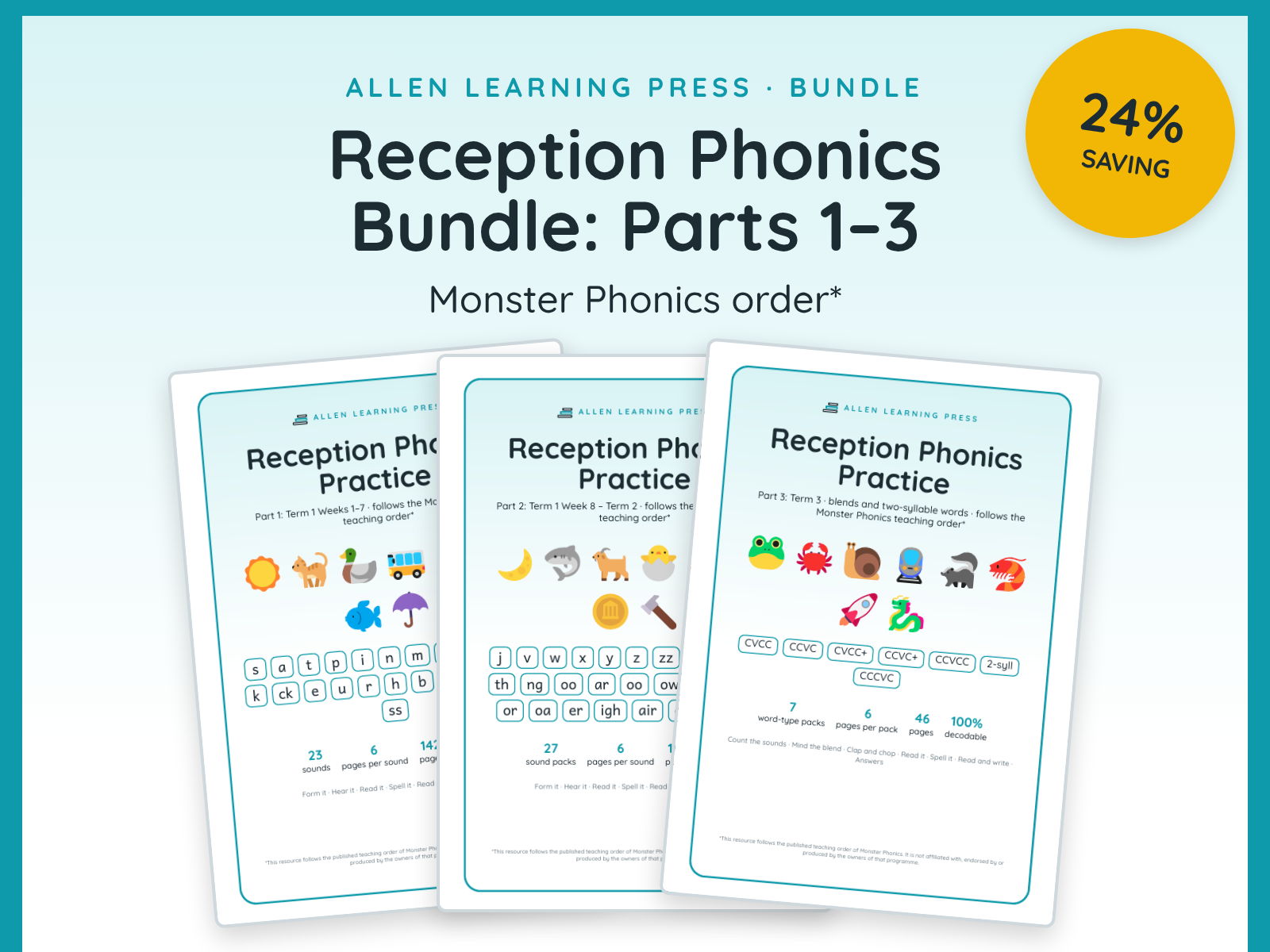 Reception Phonics Worksheets Bundle Parts 1-3 | Monster Phonics Aligned