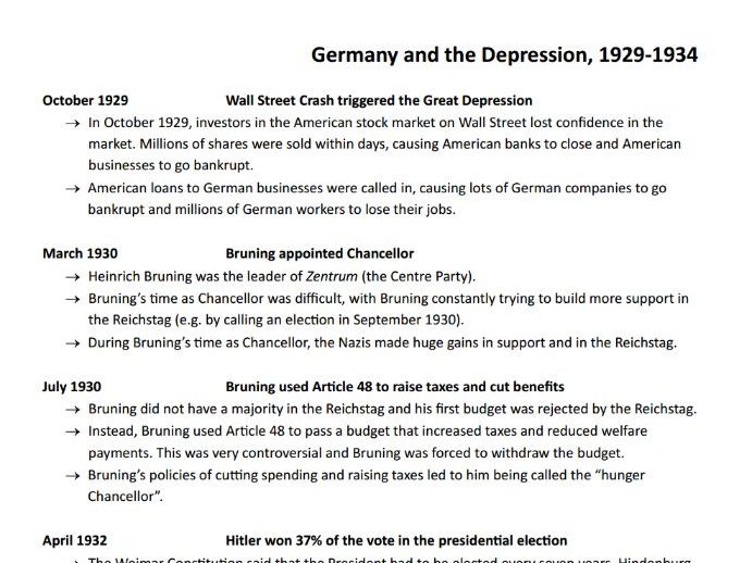 Extra evidence timeline - Germany and the Depression (AQA GCSE history)