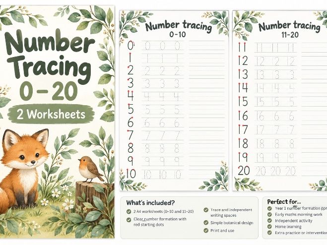 Botanical Number Tracing Worksheets 0–20 | Number Formation | EYFS & KS1