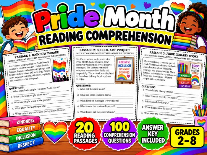 Pride Month Reading Comprehension Passages | 20 Worksheets with Answer Key