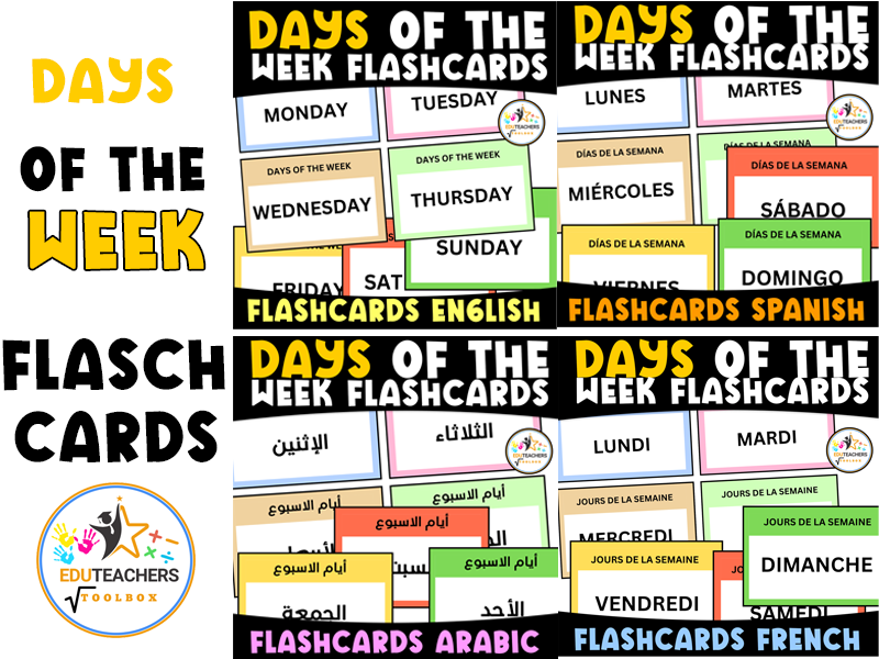 Days of the Week Flashcards – English, Spanish, Arabic & French