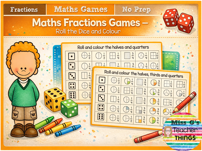 Year 1 / Year 2 - Roll and colour the fractions - Maths practice