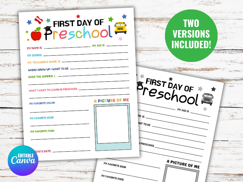 Editable All About Me First Day of Preschool Writing Student Info Activity