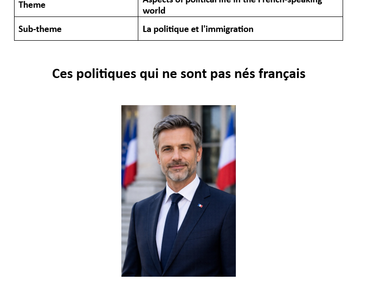 AQA A Level French stimulus card worksheet - Ces politiques qui ne sont pas nés français