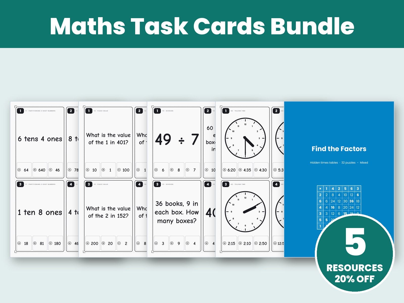Maths Task Cards Bundle - Place Value & Time