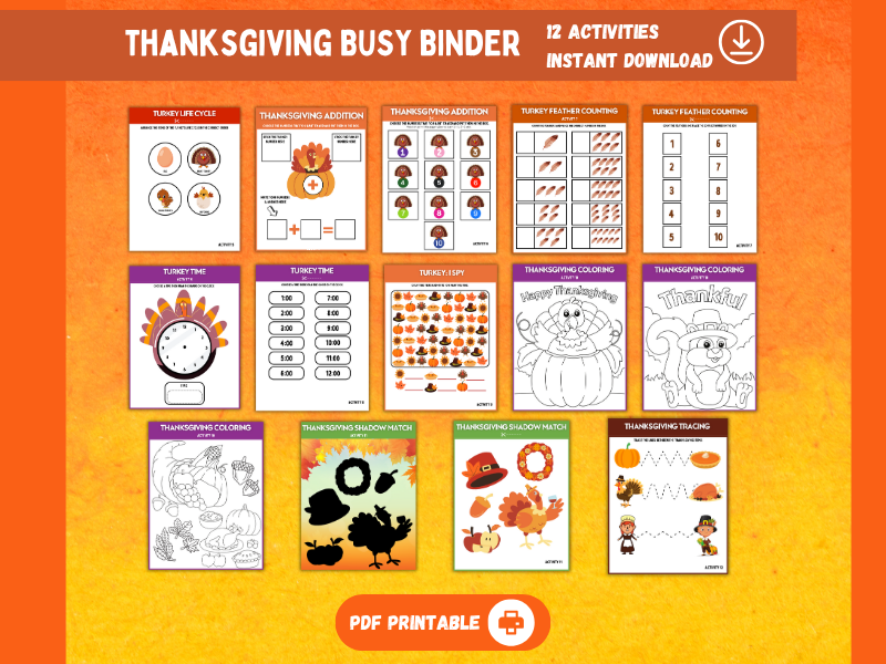 Thanksgiving Busy Binder for PreK and K.  DFY Thanksgiving Activities, Keepsake
