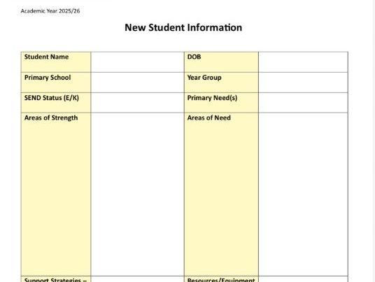 Transition Information Form for New Students - free and editable