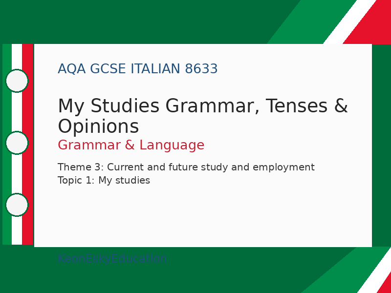 AQA GCSE Italian – My Studies Grammar, Tenses & Opinions