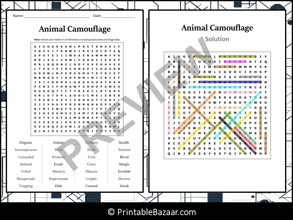 Animal Camouflage Word Search Puzzle Worksheet Activity Teaching