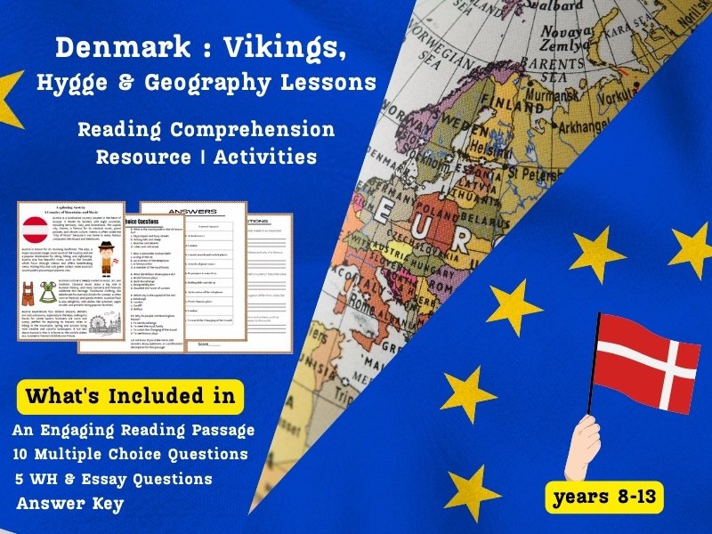 Denmark Reading Comprehension Pack: Vikings, Hygge & Geography Lessons