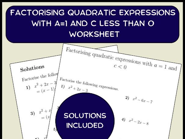 Factorising quadratic expressions with a=1 and c less than 0 worksheet