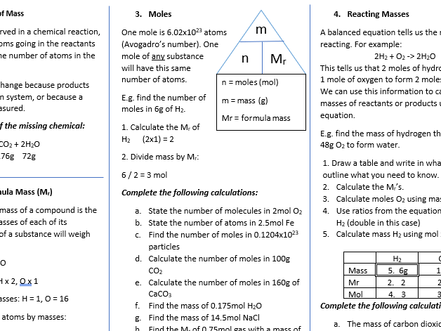 AQA Quantitative Chemistry Revision Sheets