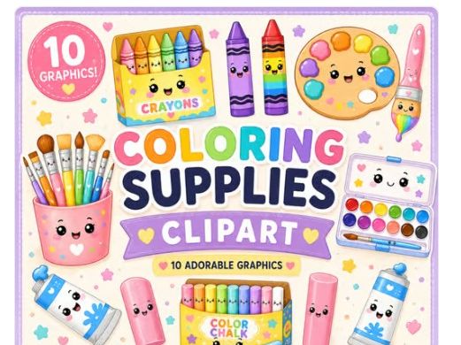 School Supply Clipart 10 Kawaii Coloring Supplies Crayons, Paint & Art Supplies