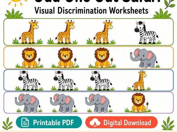 Odd One Out Safari | Visual Discrimination Worksheets | Printable PDF | Digital Download