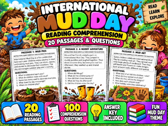 International Mud Day Reading Comprehension | 20 Passages & Questions