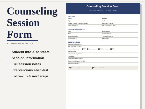 Student Counseling Session Form | Student Support Documentation Template