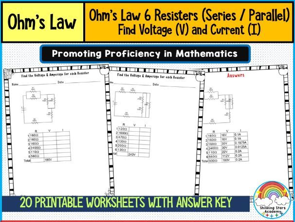 Ohm’s Law – 6 Resistors (Series / Parallel) (Find Voltage (V) and Current (I)) Worksheets | Electric