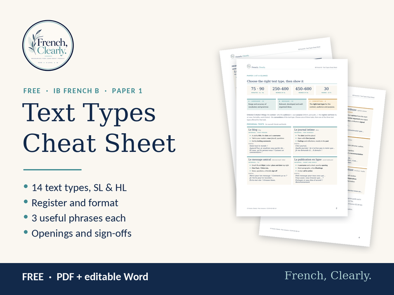 FREE IB French B Paper 1 Text Types Cheat Sheet – 14 Text Types, Register & Useful Phrases (SL/HL)