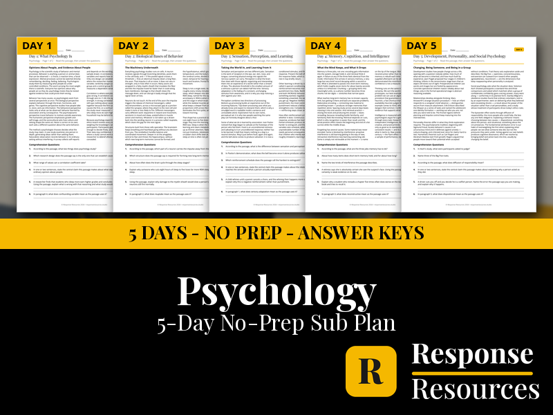 Psychology Emergency Sub Plans - 5 Days No Prep Print and Go Worksheets