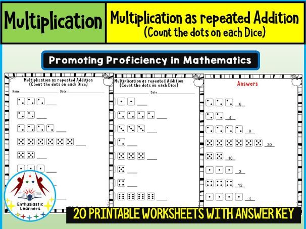 Multiplication as Repeated Addition (Count the Dots on Each Dice) Worksheets Math Problems