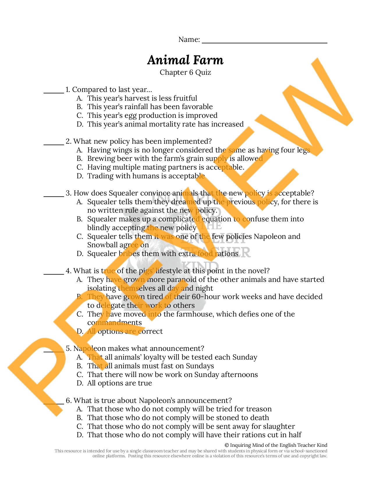 Animal Farm Chapter 6 Quiz and Answer Key Teaching Resources