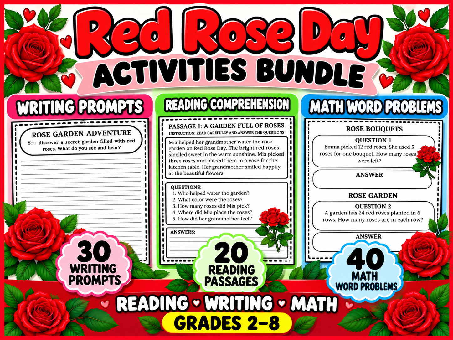 Red Rose Day Activities Bundle | Reading Comprehension, Writing Prompts & Math Worksheets