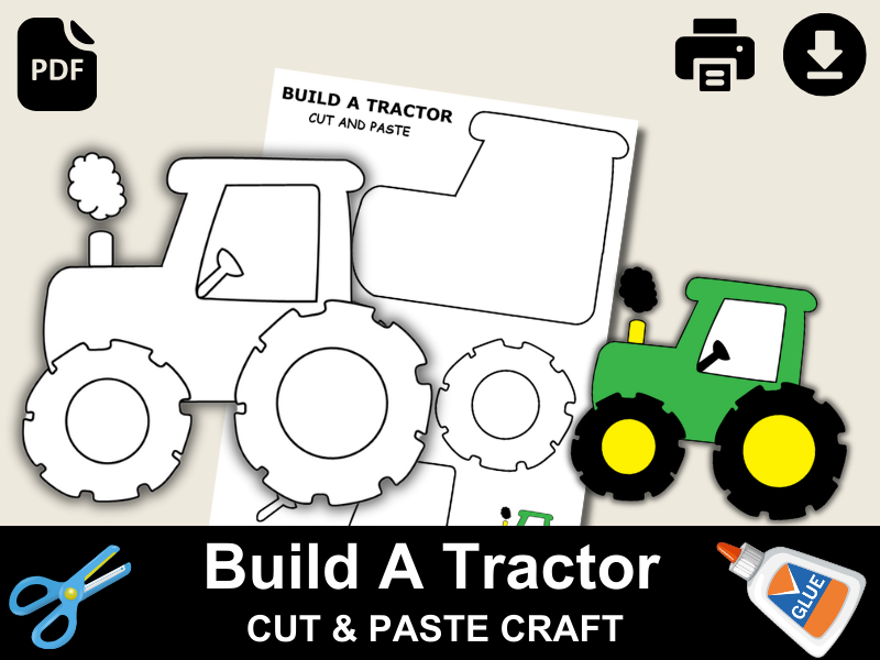 Tractor Craft Template | Farm Activity for Kids | Cut & Paste Worksheet | Coloring Pages | PDF Print