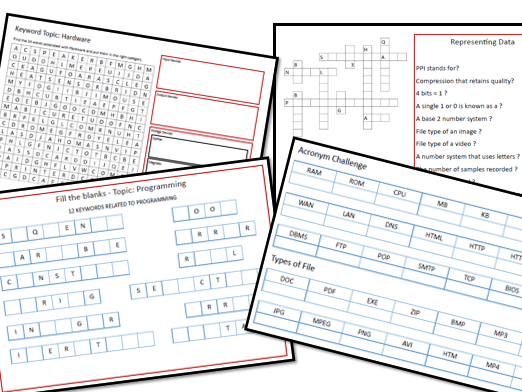 7 GCSE Computer Science Keyword tasks on mixed topics / starter tasks / homework