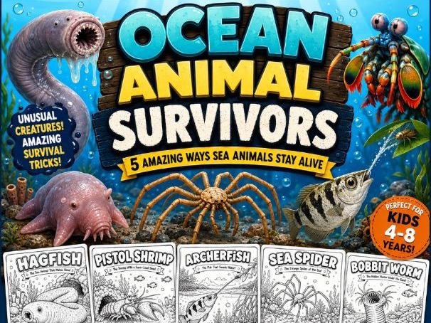 Ocean Animal Survivors — 5-Page Coloring & Discovery Pack (PreSchool -Grade 2)