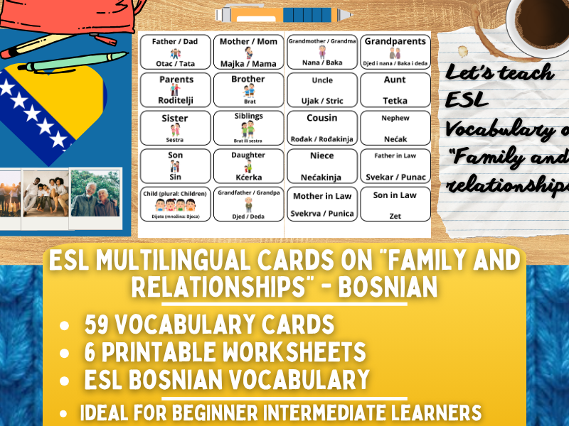 ESL Multilingual Vocabulary Flashcards - Family & Relstionships - Bosnian