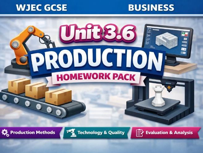 WJEC (2025 spec) GCSE Business Unit 3.6 Production Homework Pack | 3 Worksheets + Full Mark Scheme