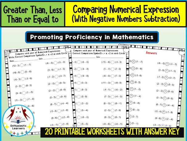 Greater Than, Less Than, or Equal To – Compare Negative Subtraction Numerical Expressions Worksheets