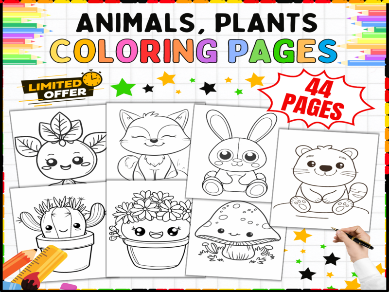 Colouring Pages | Animals Plants Nature Pack - 44 Adorable Kawaii Art Worksheets for Kids