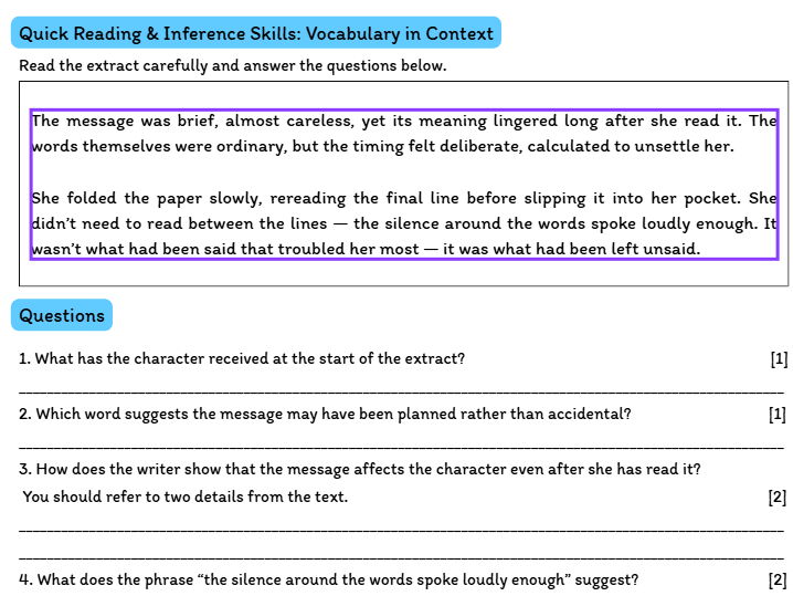 KS3 Reading & Inference – Short Extracts & Skills: Vocabulary in Context