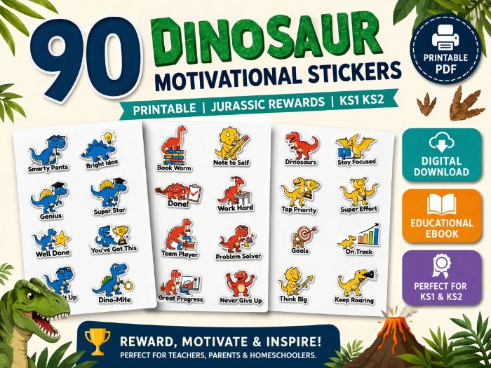 90 Dinosaur Motivational Stickers Printable | Jurassic Rewards KS1 KS2